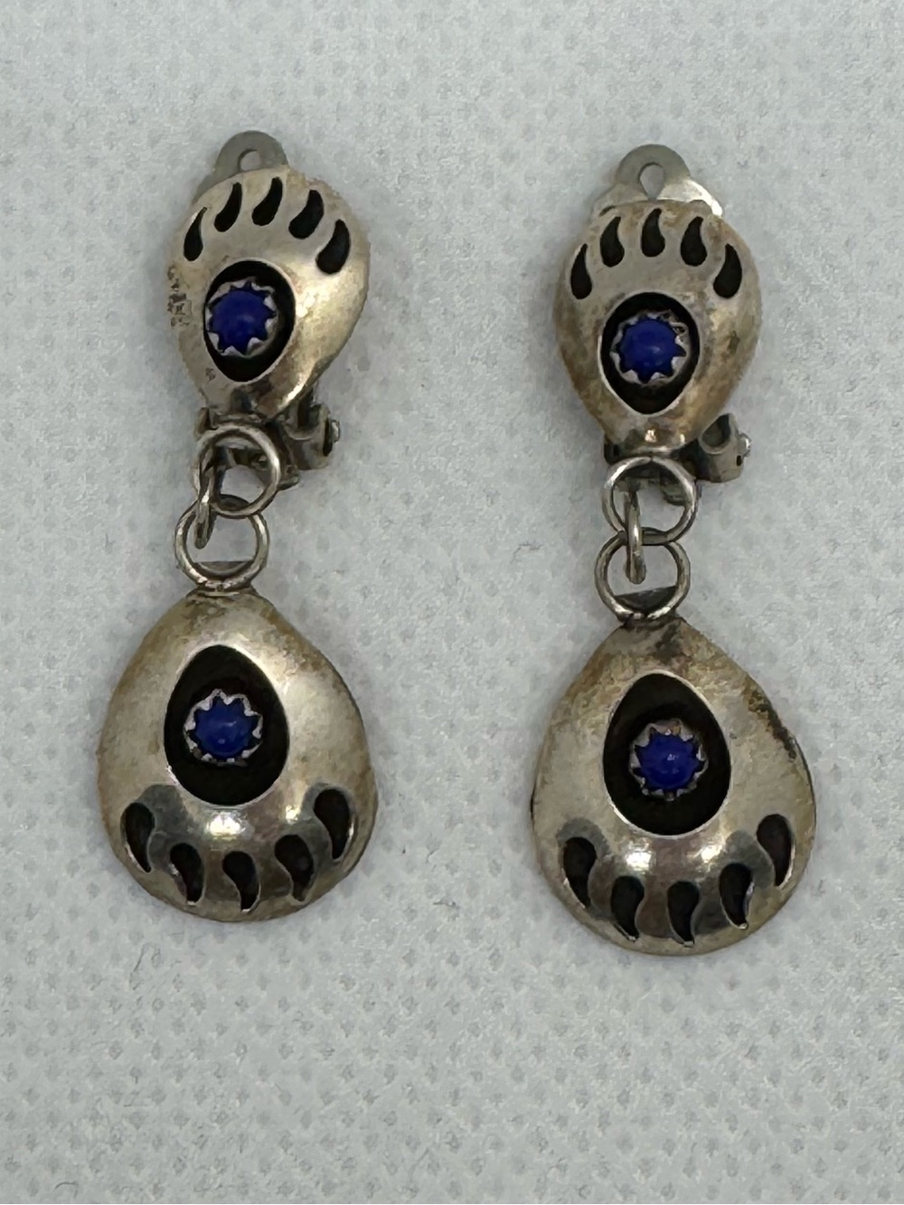 Silver Tone Blue Stone Bear Paw Clip On Dangle Earrings Boho